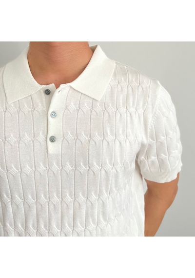 Tarz Cool Erkek İnce Saç Örgülü Düğmeli Slim Fit Polo Yaka Triko T-shirt Beyaz