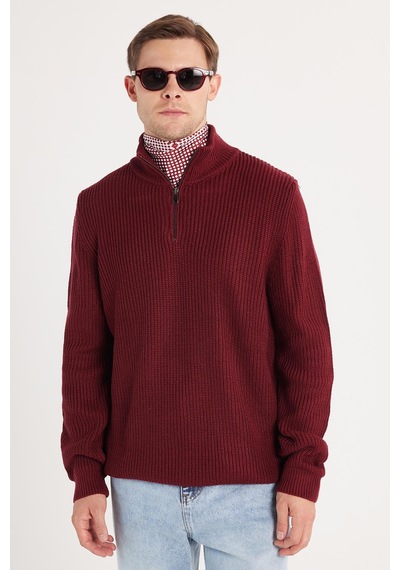 Tudors Erkek Slim Fit Dar Kesim Fermuarlı Bordo Dik Yaka Triko Kazak-34925 Bordo
