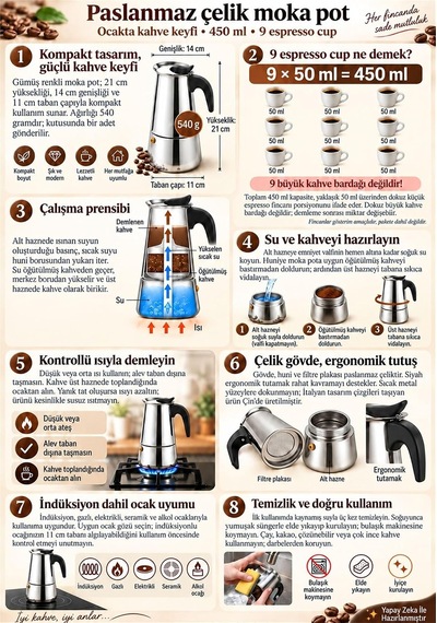 Çelik Ocak Üstü 9 Cup Fincan 450 Ml Moka Pot Espresso Cin285-9