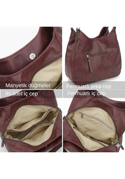 Cappadocia Vintage Myra Kadın Dumanlı Bordo Pu Deri Günlük Omuz Çantası Üç Bölmeli Hobo Tote El Çantası