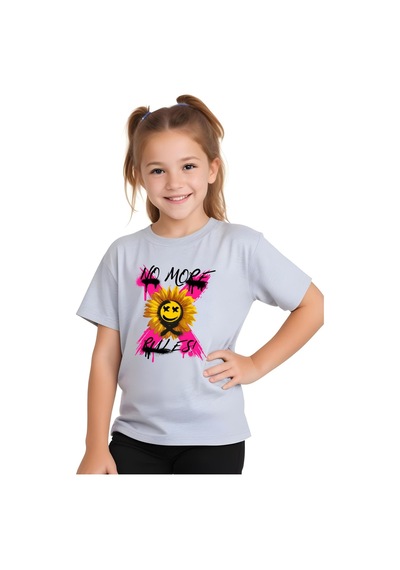 Panios Kids X Rules Baskılı Kız Çocuk Kısa Kollu T-shirt Gri