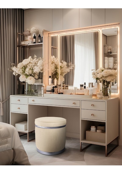 Zerafet Silver Kaplama Luxery Puf- Krem Babyface Kumaş Pofuduk Oturma Pufu&makyaj Pufu&bench