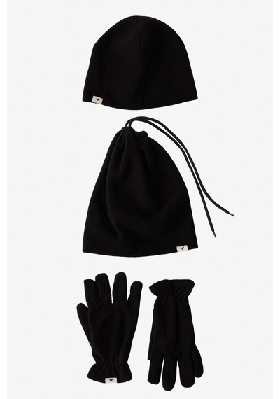 AC&Co / Altınyıldız Classics Erkek Siyah Polar Bere Boyunluk Eldiven Set Siyah