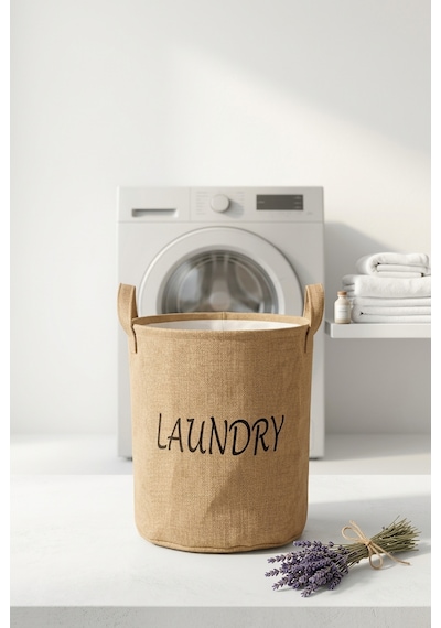 Çamaşır Sepeti Kumaş Kulplu Jüt Kumaş Katlanabilir Laundry Yazılı Bej Renk Açık Kahverengi