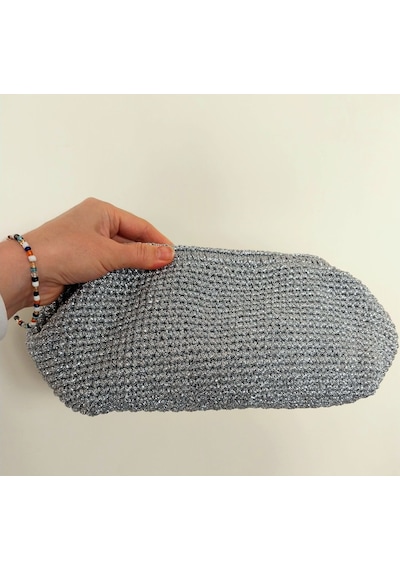 Kemzey Handmade Parlak Tutmalı El Çantaları , El Yapımı Işıltılı Clutch, Örgü El Çantası Açık Gri