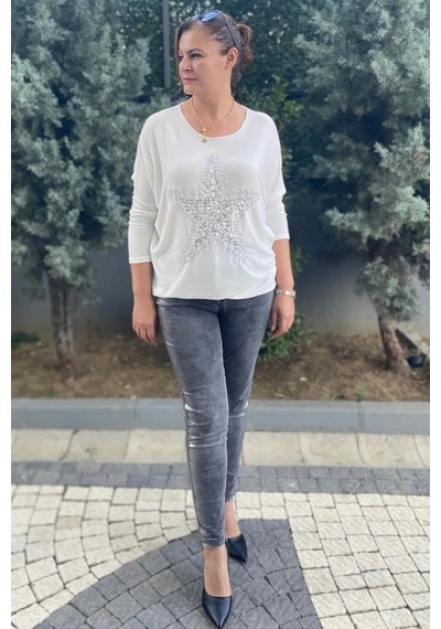 Mia Butik Kadın Varak Detarylı Koyu Gri Kot Pantolon Koyu Gri