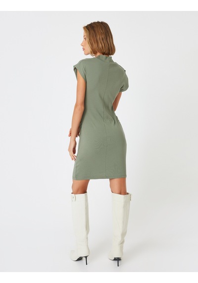 Koton Mini Kalem Elbise Dik Yaka Kısa Kap Kol Drapeli Slim Fit Pamuklu Haki 5wak80073ek