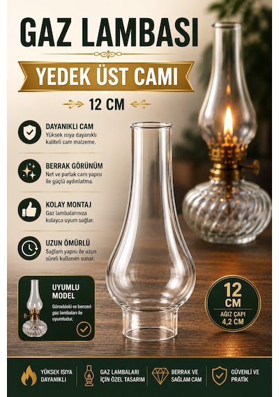 12 Cm Gaz Lambası Yedek Üst Camı Dekoratif Ve Nostaljik Gaz Lambaları İle Uyumlu Şeffaf Cam Fanus