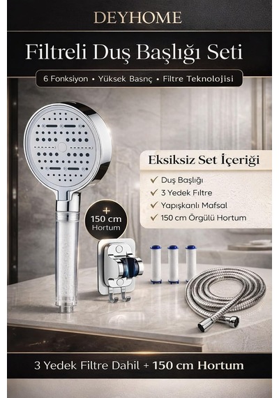 4'lü Set Filtreli Duş Başlığı 6 Fonksiyonlu Yüksek Basınçlı, Yapışkanlı Askı, Örgülü Hortum Ve Yedek Filtre Seti Altın - Beyaz