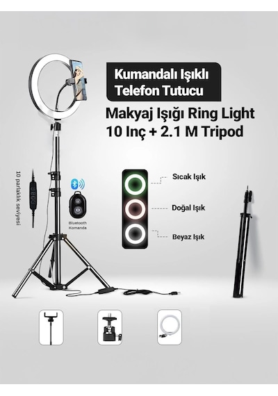 3 Renkli Led Ring Light 26 Cm 10 İnç Bluetooth Kumandalı 2.1m Tripot Youtube Tiktok Make Up Çekim Işığı Siyah