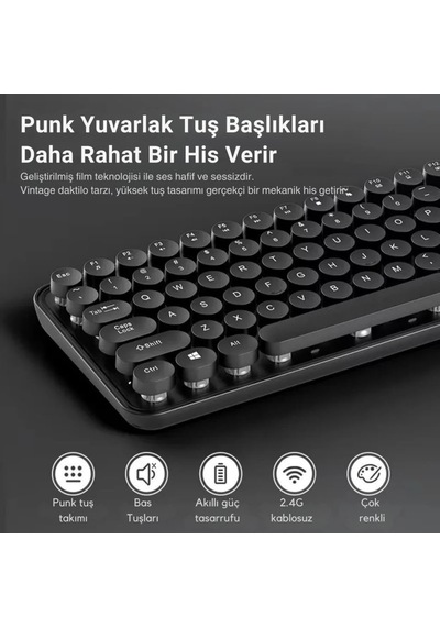 105 Retro Tuşlu 2.4gh Kablosuz Bluetooth Klavye Mouse Seti Retro Kablosuz Klavye Mouse Set Siyah Diğer