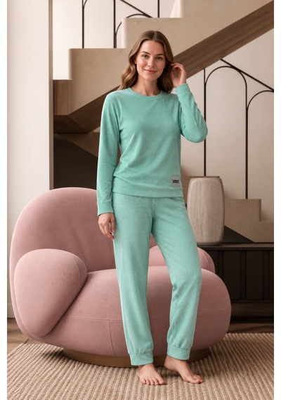Nisanca Kadın Basic Kışlık Pijama Takımı Uzun Kollu Yumuşak Dokulu Bisiklet Yaka Rahat Kesim Jogger Paça 2'li Ev Giyim Takımı mavi