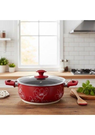Lotus 22 Cm Derin Tencere - Kırmızı Üzeri Beyaz Çiçek Desenli Cam Kapaklı