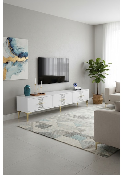 Tsa1832dbg Slim Tv Stand, Tv Sehpası Safirmeşe-beyaz-gold 180cm