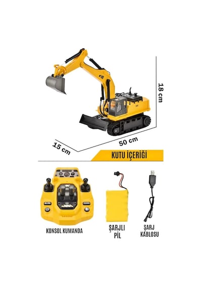 1:14 Ölçek Şarjlı Işıklı Sesli Konsol Kumandalı Metal Başlıklı Oyuncak Ekskavatör Kepçe