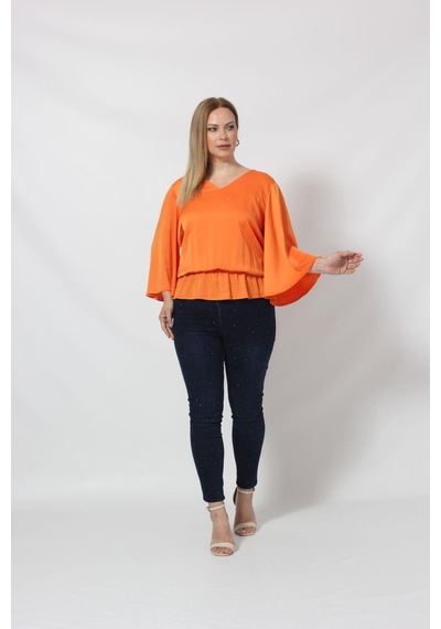 Moda Berray 3183 Turuncu Beli Lastikli Bol Kol Bluz 001