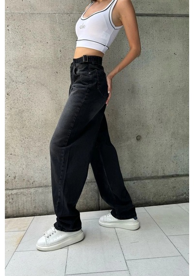 Siyah Premium Ayarlanabilir Yan Kemer Tokalı Baggy Jeans Siyah Yıkamalı