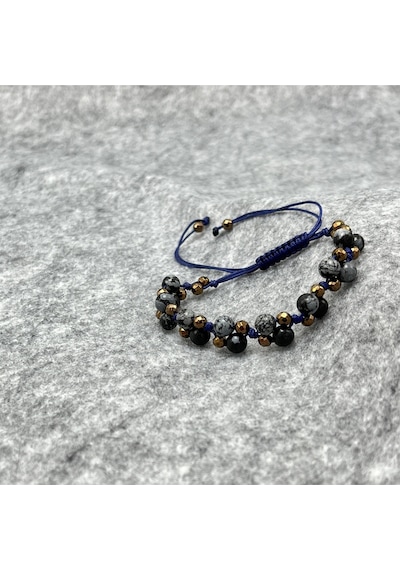 Yıldız Doğal Taş 6mm Ipli Karlı Obsidyen Ayarlanabilir Ölçü Doğal Taş Bileklik Siyah