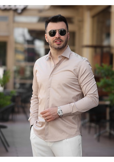 Süper Slim Fit Dar Kalıp Gizli Düğmeli Pamuk Saten Gömlek Krem
