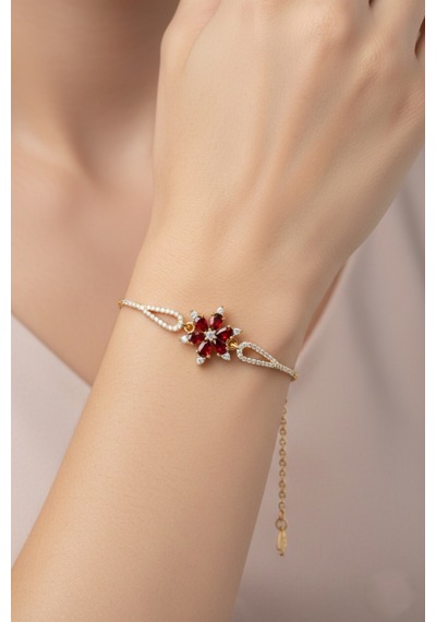 Çekirdekjewelry 925 Ayar Gümüş Zirkon Taşlı Çiçek Figürlü Zarif Altın Renk Kadın Bileklik Sarı Garnet