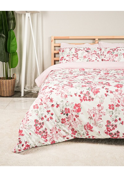 Flower World Pamuklu Çift Kişilik Kırmızı Nevresim Seti Lastikli Çarşaflı 200x220 Cm