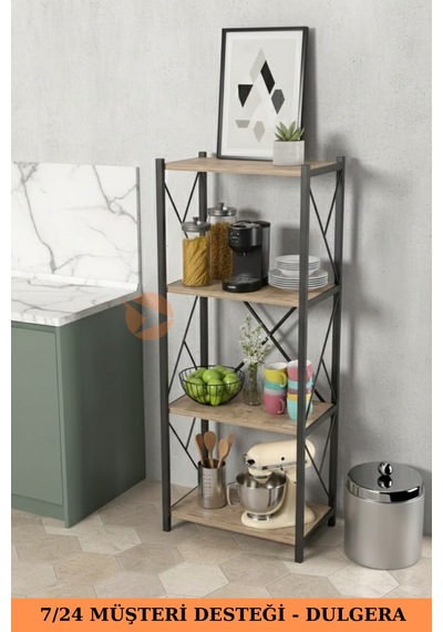 Fourty 4 Raflı Metal Dar Tekli Kitaplık Dekoratif Ofis Salon Rafı 124 Cm Çam