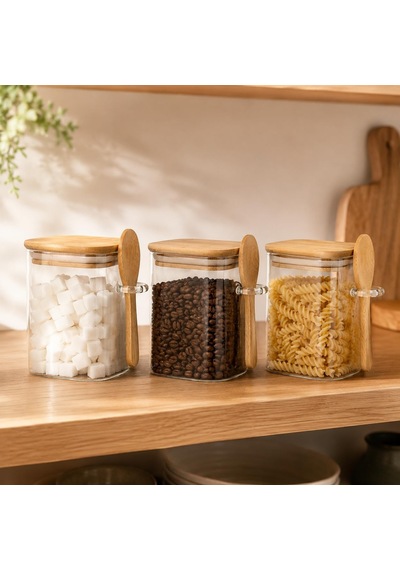 3'lü 500 Ml Kaşıklı Cam Kavanoz Seti, Bambu Kapaklı Şeffaf Baharatlık Ve Saklama Kabı, Kahve Çay Şeker Tuz Ve Kuru Gıda İçin Çok Renkli