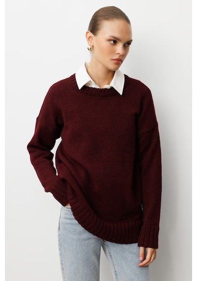 Mizalle Yuvarlak Yaka Oversize Bordo Triko Kazak Bordo