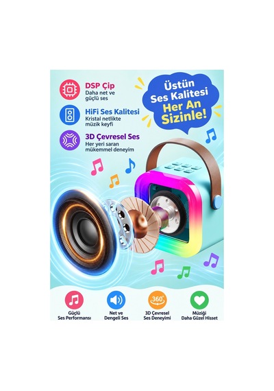 Robeve Blic 2 Mikrofonlu Çocuk Karaoke Hoparlör Ve Bluetooth Hoparlör Led Işıklı Mini Karaoke Seti, 6 Farklı Ses Efekti, Uzun Pil Ömrü, Taşınabilir Çocuk Mikrofonu Ve Çocuk Müzik Aleti Mavi
