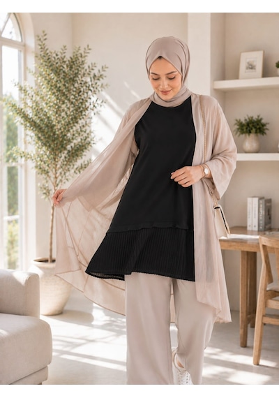 Esra Butik78 Siyah, Beyaz Ve Pudra Renk Kolsuz Altı Pileli İçlik 80 Cm