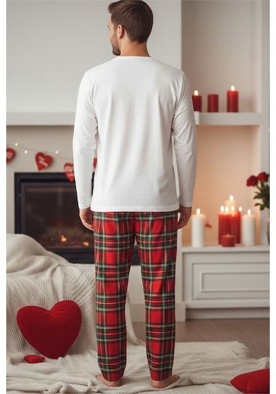 Siyah İnci Erkek Ekose Merry Christmas Baskılı Yılbaşı Temalı Örme Pijama Takım 7969 Ekru Kırmızı Ekose