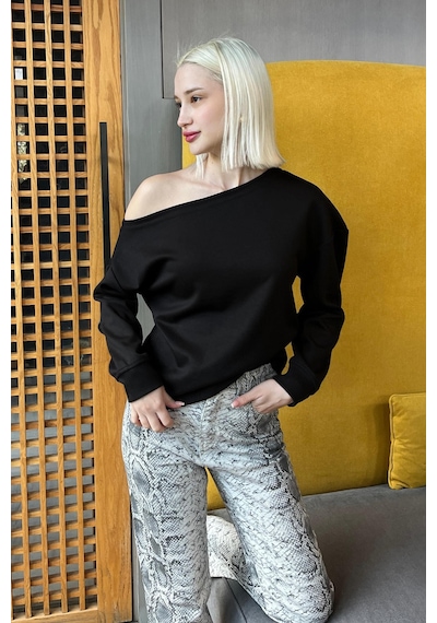 Madmext Siyah Kayık Yaka Basic Sweatshirt Mg2228 Siyah