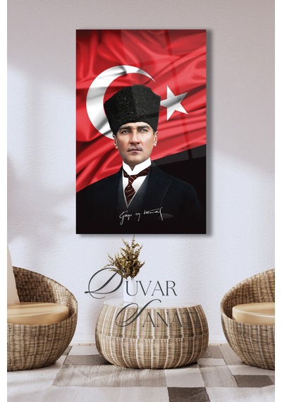 Atatürk Portre Ve Türk Bayrağı Dikey Cam Tablo Evlika, Modern Duvar Dekoru , Kurum Ofis İş Hediyelik Tablo