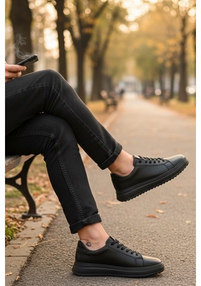 Enoch Hakiki Deri Siyah Mikro Dokulu Erkek Sneaker Ortopedik Taban Siyah