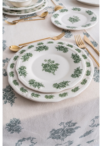 Vintage Flowers Green 19 Cm 6 Lı Porselen Tatlı & Pasta Tabağı Seti Yeşil