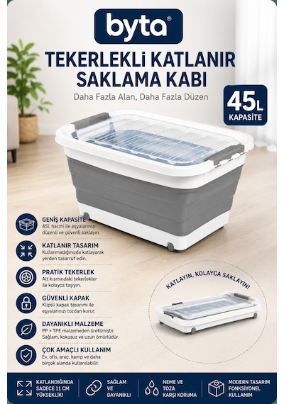 45 Litre Tekerlekli Katlanır Saklama Kabı Şeffaf Kapaklı Çok Amaçlı Dolap Ve Ev Düzenleyici Organizer Kutu Gri