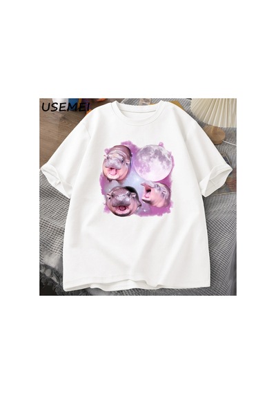 Tarzsokak Üç Moo Deng Ay Tshirt Erkekler Kadınlar Fuuny Karikatür Sevimli Moodeng T-shirt Pamuk Kısa Ko 2962 Beyaz