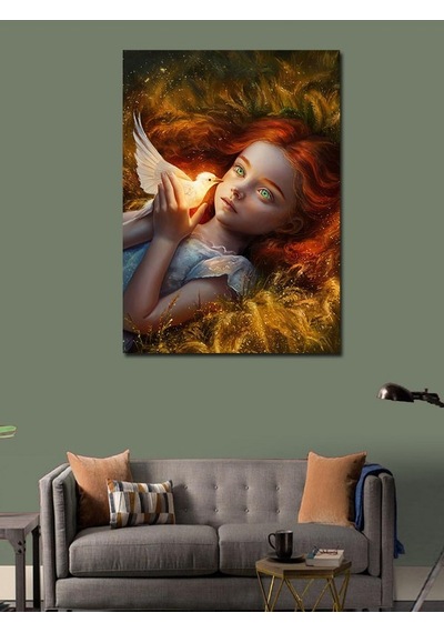 Kanvas Tablo Kızıl Saçlı Kız Ve Beyaz Güvercin 100cmx140cm