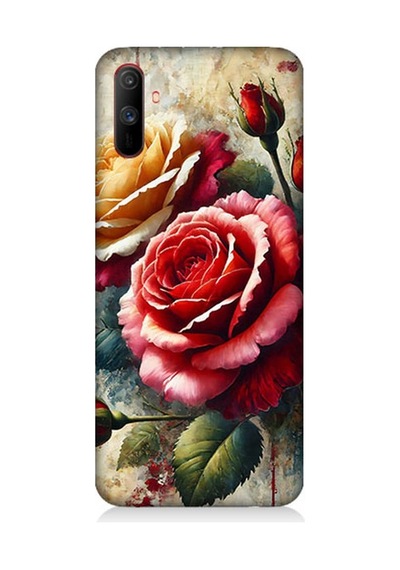 Realme C3 Uyumlu Kırmızı Sarı Gül Tutkusu Desenli Silikon Kılıf Çok Renkli