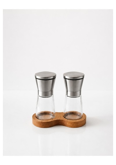 Ahşap Standlı Cam Tuz Karabiber Değirmeni Paslanmaz Çelik Kapak 180 Ml Şeffaf 13 Cm 2'li Set