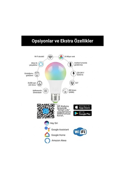 Smart Life Uyumlu Akıllı Ampul 10w 800 Lümen E27 Duy Rgb Dimlenebilir Led Ampul Wi-fi Destekli Rgb 16 Milyon Renk Sesli Kontrol - 938648001