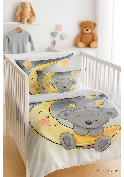 Yenidoğan Kız / Erkek Unisex Bebek Nevresim Takımı %100 Pamuklu Aydaki Ayıcık Çok Renkli