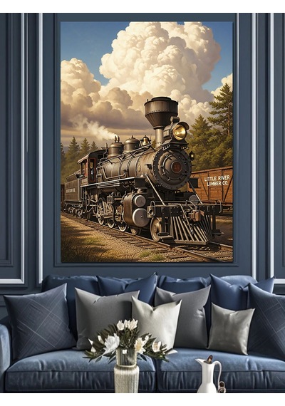 Ahşap Tablo Eski Buharlı Tren Lokomotif