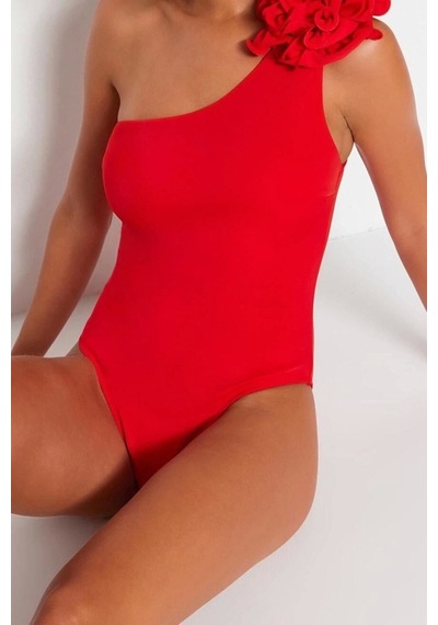 Ersefa Kadın Moda Atma Kap Askılı Slip Yaka Zümrüt Yeşili Tek Omuz Çiçek Koyu Kırmızı