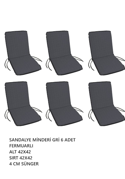 Sandalye Minderi Yıkanabilir Fermuarlı Lastikli 6'lı Gri 4 Cm Sünger Alt 42x42 Sırt 42x42 Gri
