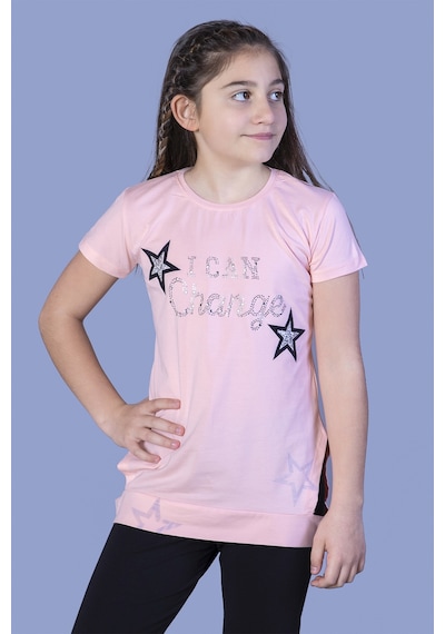 Toontoy Kids Toontoy Kız Çocuk Yıldız Baskılı Taş İşlemeli Tişört Somon