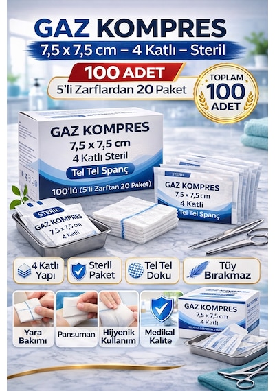 Kompres 7,5x7,5 Cm 4 Katlı Steril 100 Adet Tel Tel Spanç 5 Li Zarflardan 20 Paket 1 Kutu