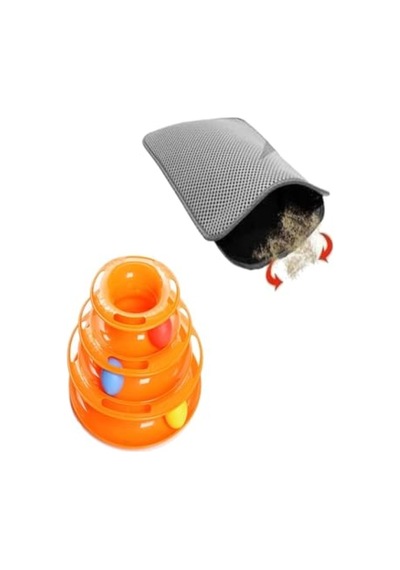 Kedi Oyuncağı Seti Ve Elekli Kedi Tuvalet Paspası - Gri 2li
