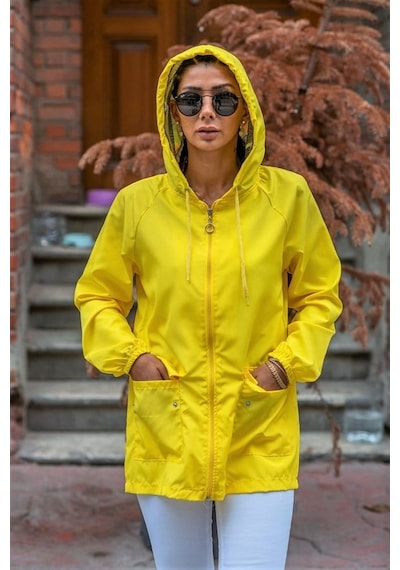 Veraura Lifestyle Sarı Yıldız Kapüşonlu Cepli İnce Yağmurluk
