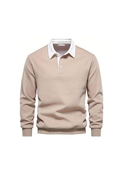Ghassy Co. Erkek Retro Renk Bloklu Pamuklu Gömlek Yaka Sweatshirt Bej